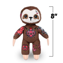 Load image into Gallery viewer, Stuffed sloth toy with floral patterns and measurements 
