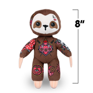 Stuffed sloth toy with floral patterns and measurements 