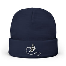 Load image into Gallery viewer, Navy blue beanie with a white logo on a white background

