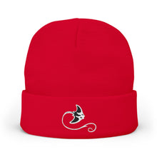 Load image into Gallery viewer, Red beanie with a black and white design on a white background

