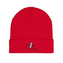 Load image into Gallery viewer, Red beanie with a black logo on a white background
