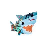 Colorful shark-shaped plush toy with tattoos 