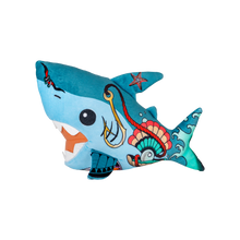 Load image into Gallery viewer, Colorful shark-shaped plush toy with tattoos 
