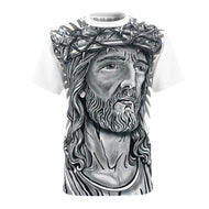 T-shirt with a black and white graphic of a religious figure wearing a crown on a white background