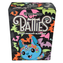 Load image into Gallery viewer, Tattoo Zoo Batties plush pendant blind box packaging with colorful design and blue character illustration.
