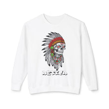 Load image into Gallery viewer, White sweatshirt with a skull design wearing a headdress on a white background
