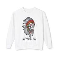 White sweatshirt with a skull design wearing a headdress on a white background