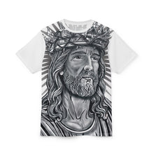 Load image into Gallery viewer, White t-shirt with black and white graphic of a bearded man wearing a crown of thorns on a white background
