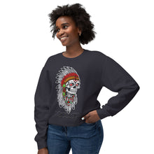 Load image into Gallery viewer, Woman wearing a black sweatshirt with a colorful skull design on a white background
