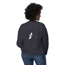 Load image into Gallery viewer, Person wearing a dark gray sweatshirt with a white and black design on the back, standing against a white background.
