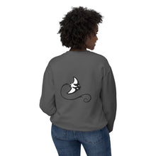 Load image into Gallery viewer, Person wearing a gray sweatshirt with a black and white design on the back, standing against a white background.
