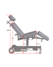 Load image into Gallery viewer, A red and black tattoo chair with an electric hydraulic system, solid rubber wheels, and adjustable armrests.
