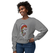 Load image into Gallery viewer, Woman wearing a gray sweatshirt with a colorful skull design on a white background

