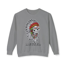 Load image into Gallery viewer, Gray sweatshirt with a skull wearing an Indian headdress design on a white background
