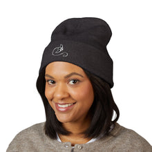 Load image into Gallery viewer, Person wearing a black beanie with a logo on a white background
