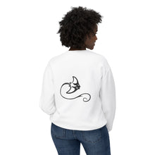 Load image into Gallery viewer, Person wearing a white sweatshirt with a black design on the back, standing against a white background
