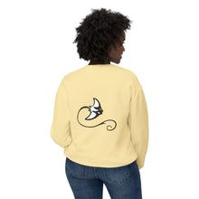 Load image into Gallery viewer, Person wearing a light yellow sweatshirt with a black and white design on the back, standing against a white background.
