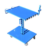 A blue tattoo taboret with a square metal top, adjustable height settings, and roller blade casters.